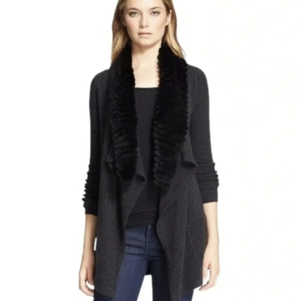Dolce Cabo Lambswool Blend Sweater Real Rabbit Fur Trim Open Front Medium